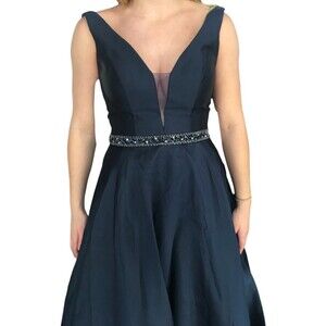 Clarisse Prom Dress V-Neck Jeweled Belt Corset Navy Blue Size 4